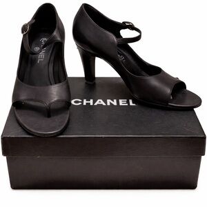 CHANEL Black Leather Mary Jane Open-Toe Heels